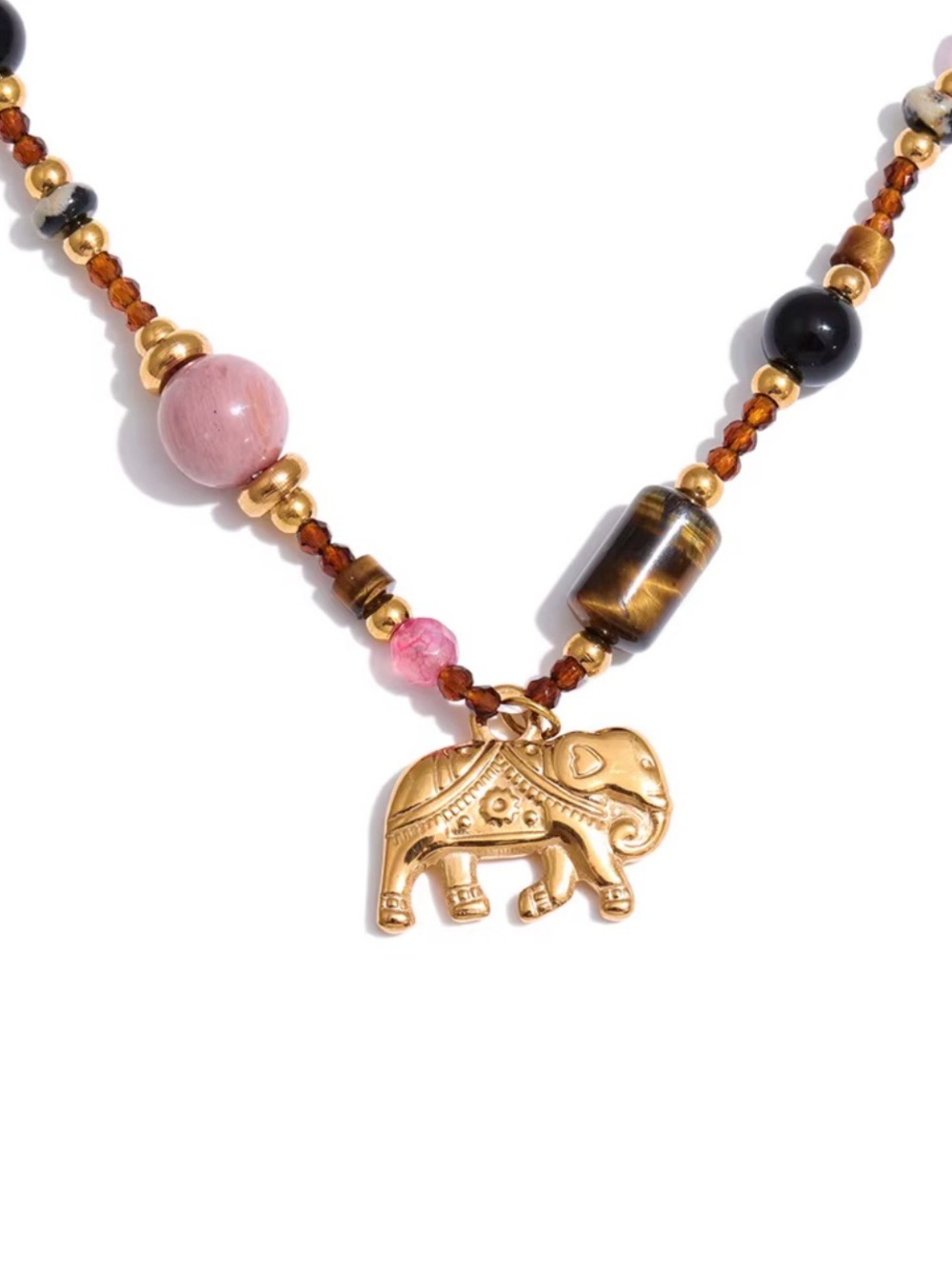 Gold Elephant Pendant Beaded Necklace - Pink & Brown Accents